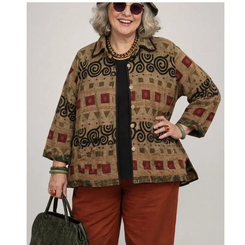 Vintage 2X Tally-Ho REVERSIBLE Geometric Art Tapestry Button-up Collared Jacket - Picture 14 of 14